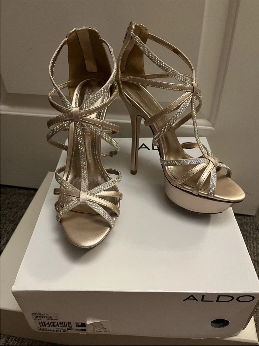 Aldo Rosander Champagne Strappy Evening Platform Heel Size 8 EU38 Dance Shoes